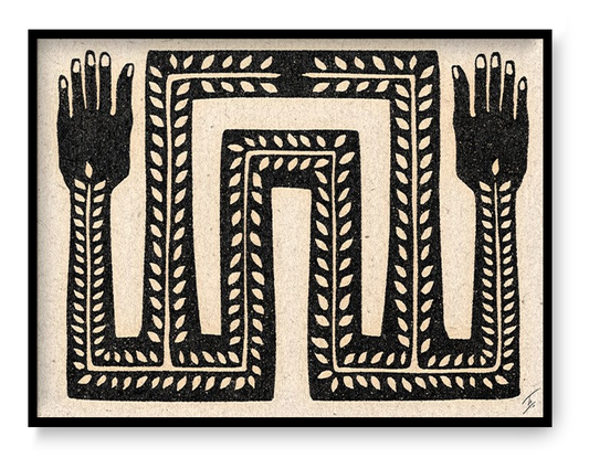 Black and white symbolic graphic art print with tribal-inspired flowing pattern and raised hands, minimalist modern wall art by Tuyo