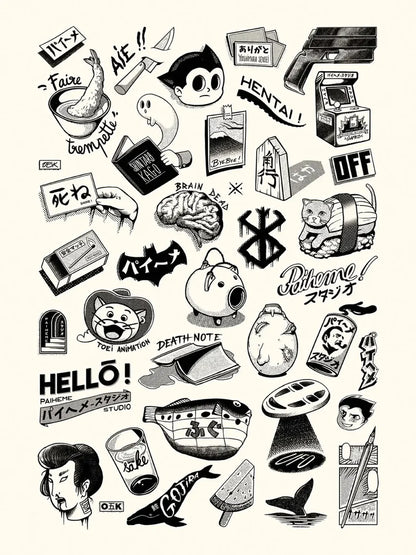 Japanese Premium Tattoos by Paiheme Studio, A3 (29.7 x 42 cm) black and white art print featuring retro Japanese tattoo-style illustrations, manga icons, playful cultural motifs, and bold graphic details. Printed on premium paper, unframed, shipped with protective sleeve and cardboard backing, perfect for fans of Japanese pop culture and tattoo-inspired artwork.