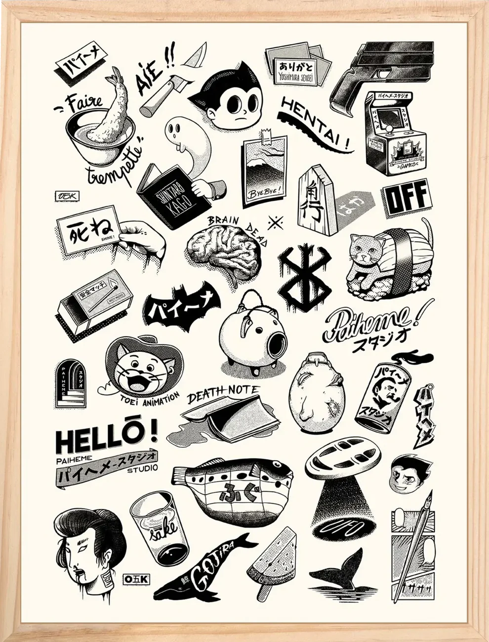 Japanese Premium Tattoos by Paiheme Studio, A3 (29.7 x 42 cm) black and white art print featuring retro Japanese tattoo-style illustrations, manga icons, playful cultural motifs, and bold graphic details. Printed on premium paper, unframed, shipped with protective sleeve and cardboard backing, perfect for fans of Japanese pop culture and tattoo-inspired artwork.