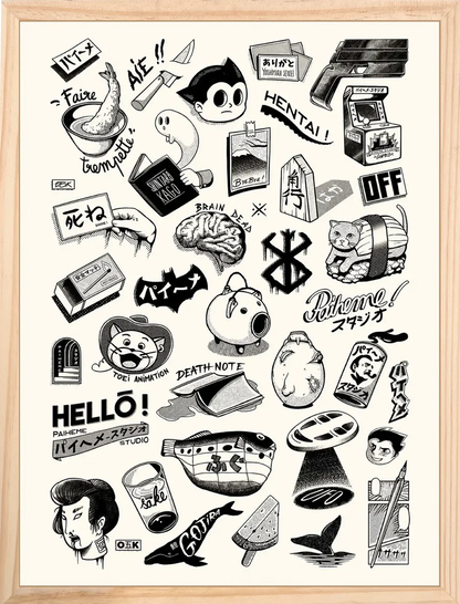 Japanese Premium Tattoos by Paiheme Studio, A3 (29.7 x 42 cm) black and white art print featuring retro Japanese tattoo-style illustrations, manga icons, playful cultural motifs, and bold graphic details. Printed on premium paper, unframed, shipped with protective sleeve and cardboard backing, perfect for fans of Japanese pop culture and tattoo-inspired artwork.