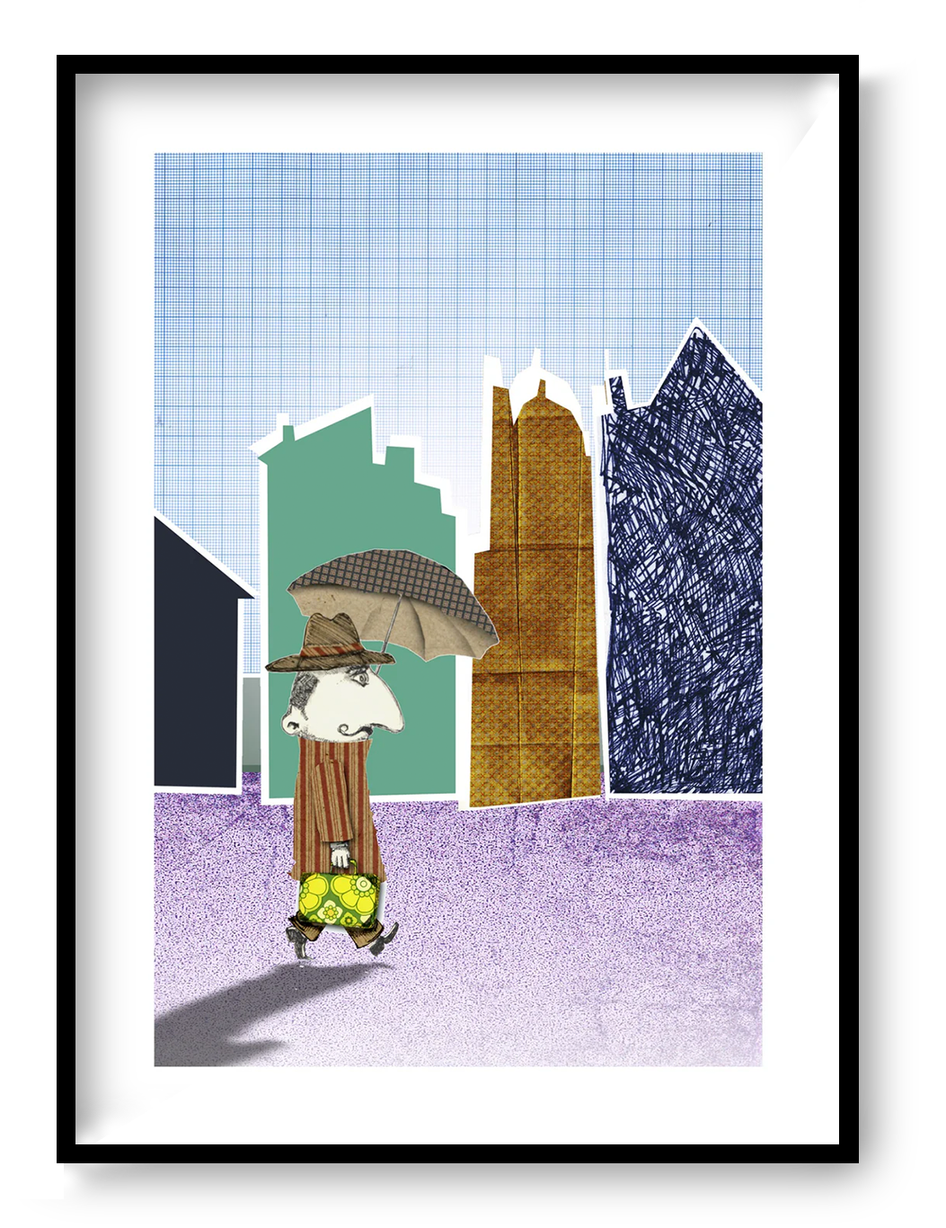 Mister Jenkins digital collage print by Gert Paenen featuring a whimsical character carrying a suitcase and umbrella while walking through a colorful urban landscape of textured buildings, contemporary collage wall art printed on premium paper.