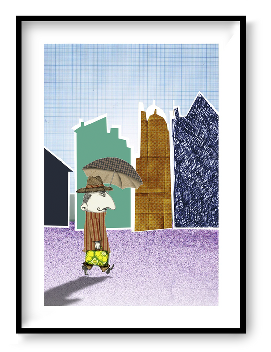 Mister Jenkins digital collage print by Gert Paenen featuring a whimsical character carrying a suitcase and umbrella while walking through a colorful urban landscape of textured buildings, contemporary collage wall art printed on premium paper.