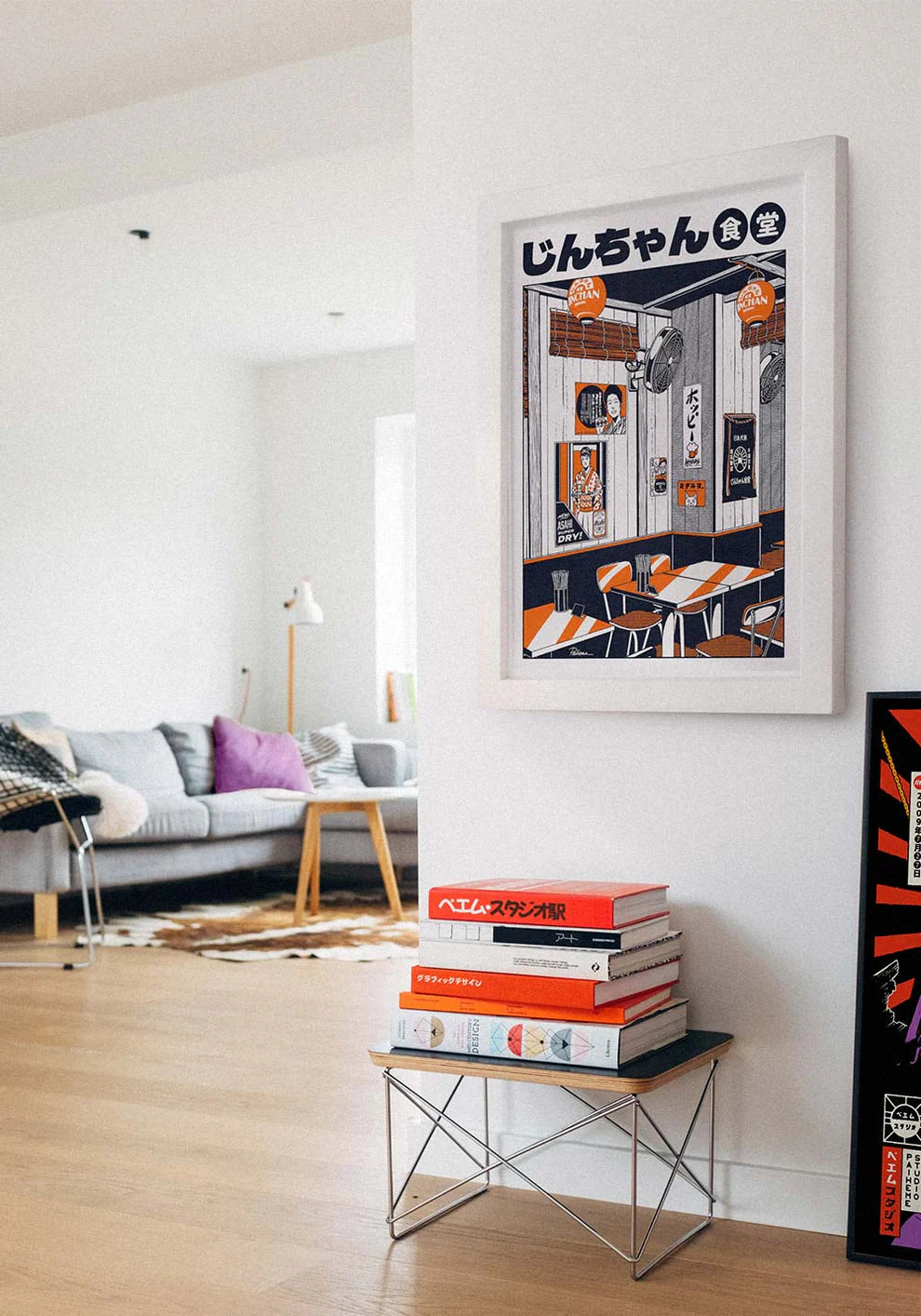 Jinchan Restaurant by Paiheme Studio – vibrant Japanese retro-style illustration of a cozy ramen shop interior with vintage posters, lanterns, and bold orange-navy details; nostalgic Japan art print perfect for modern home décor, restaurants, and collectors of Japanese pop culture