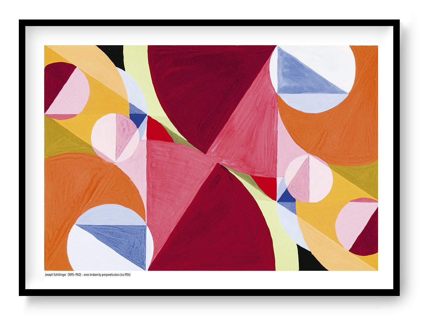 Horizontal abstract digital art print by Joseph Schillinger with overlapping geometric shapes in red, pink, orange, yellow, blue and green, ideal as colourful wall art for modern living rooms or offices.