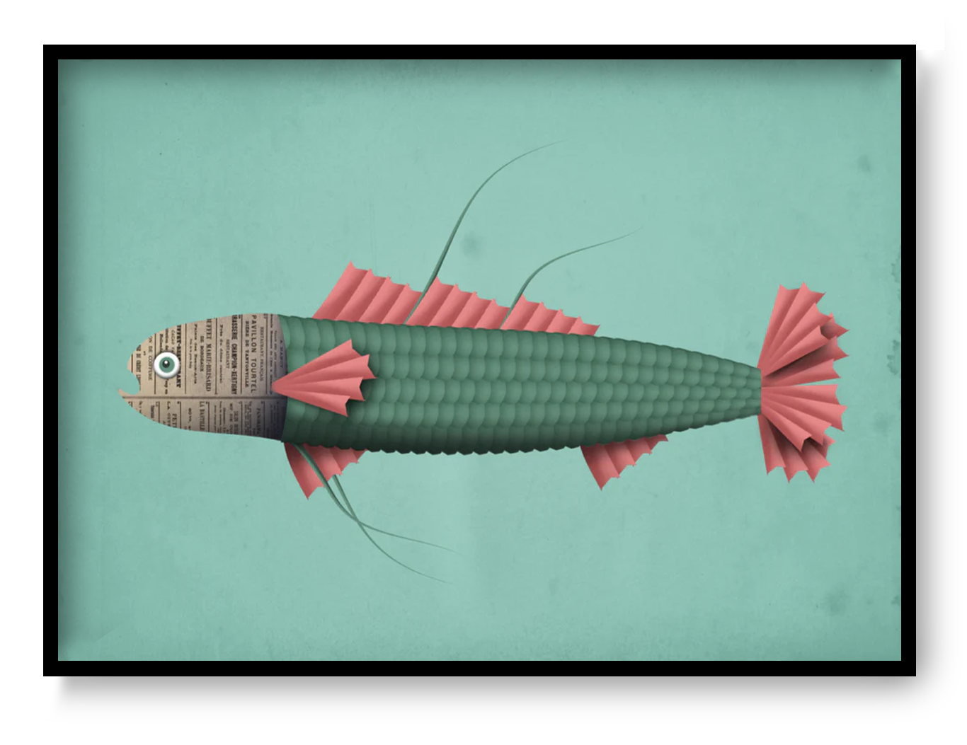 A4 modern fish wall art print by Studio Frits featuring green scales, pink fins and collage newspaper texture on matte fine art paper