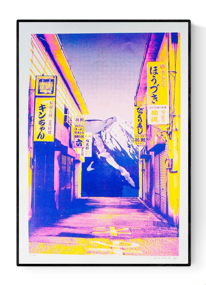 A3 risograph collage print of Fuji Street by PTRVRKD, handmade in vibrant pink, yellow, and blue tones, featuring a Japanese street with Mount Fuji in the background.