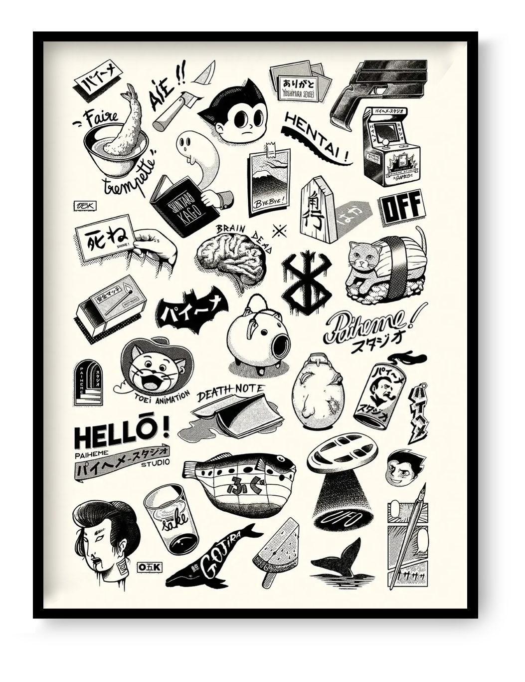 Japanese Premium Tattoos art print by Paiheme Studio, 30x40 cm black and white manga-inspired tattoo flash illustration with Japanese pop culture icons and graphic symbols.