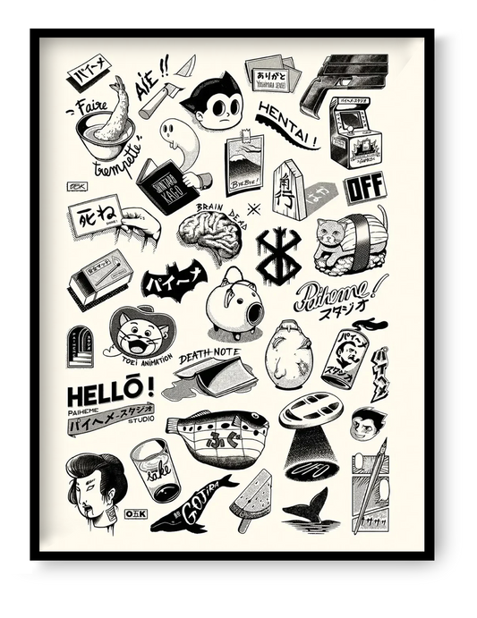 Japanese Premium Tattoos art print by Paiheme Studio, 30x40 cm black and white manga-inspired tattoo flash illustration with Japanese pop culture icons and graphic symbols.