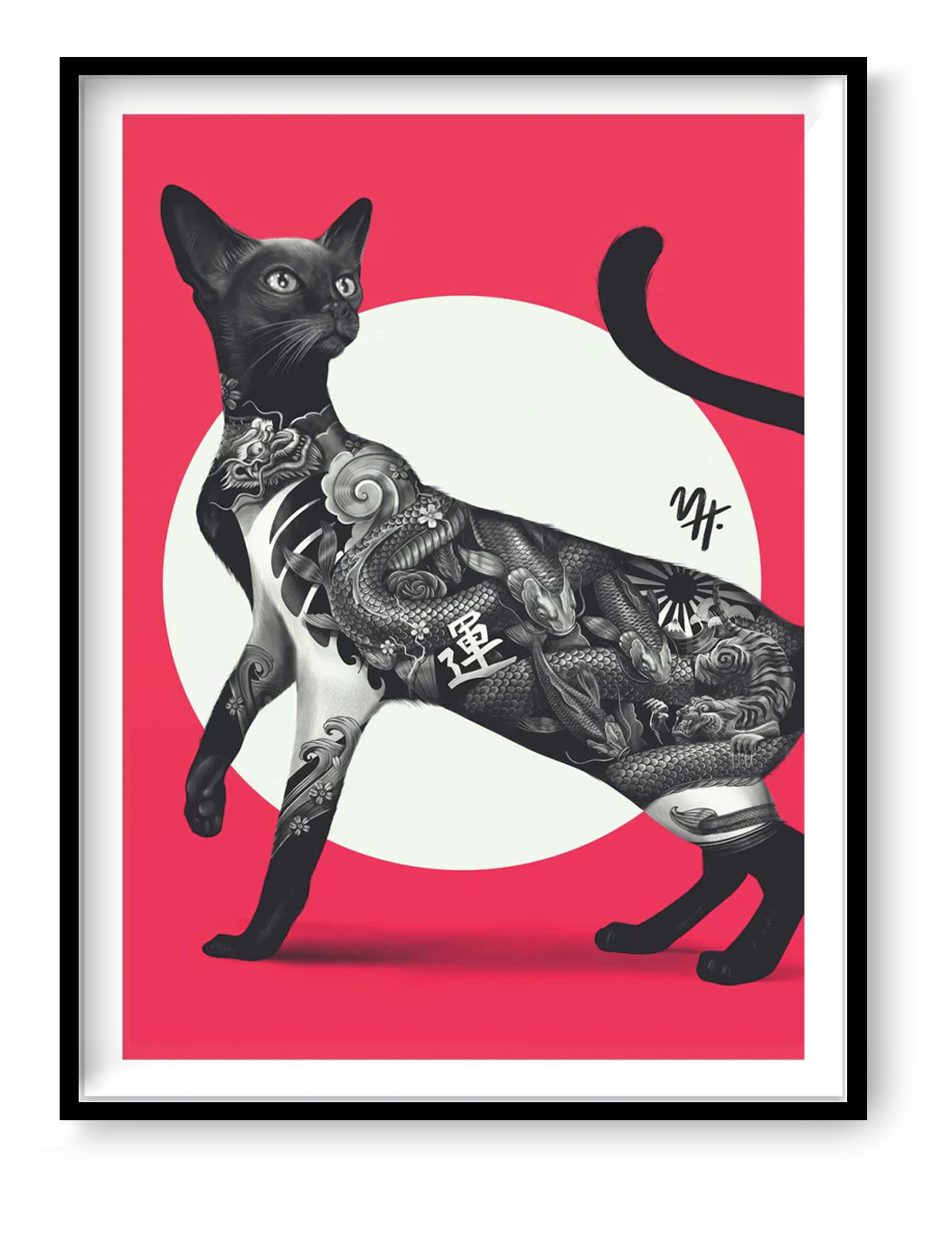 Japanese Cat Tattoo in Red art print by Mark Harrison, 30x40 cm contemporary tattoo-inspired cat illustration with bold red background and detailed black ink design.