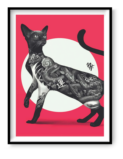 Japanese Cat Tattoo in Red art print by Mark Harrison, 30x40 cm contemporary tattoo-inspired cat illustration with bold red background and detailed black ink design.