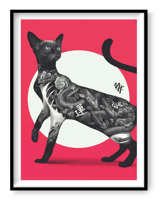 Japanese Cat Tattoo in Red art print by Mark Harrison, 30x40 cm contemporary tattoo-inspired cat illustration with bold red background and detailed black ink design.