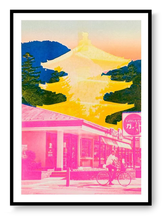Japanese collage risograph print Kyoto by PTRVRKD in A3 size, featuring neon pink street, yellow pagoda and blue mountains, contemporary Japanese wall art from Galerie Frits