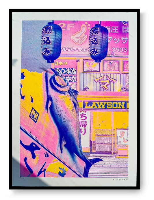 Japanese collage art print by PTRVRKD, fish and Lawson store Tokyo, neon risograph poster, contemporary Japanese street art illustration.