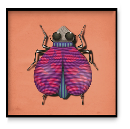 Javier Escarabajo 30x30 cm art print by Gert Paenen Studio Frits, colorful graphic beetle illustration with pink textured wings and modern contemporary design.