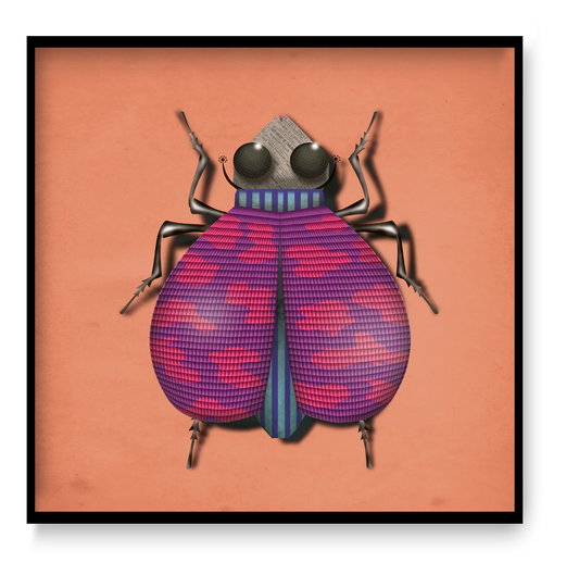 Javier Escarabajo 30x30 cm art print by Gert Paenen Studio Frits, colorful graphic beetle illustration with pink textured wings and modern contemporary design.