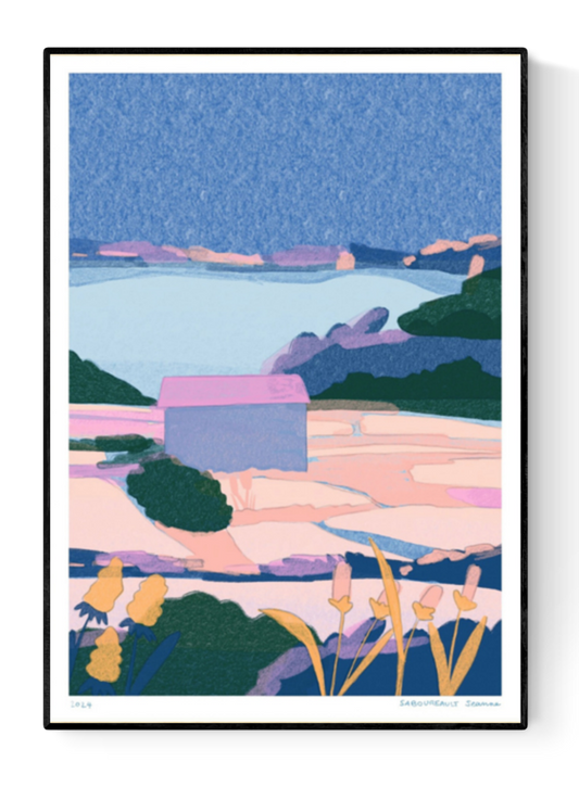 Dreamy risograph illustration of French salt marshes in soft pinks and blues with a lone house – Marais Salants by Jeanne Saboureault, A3 limited edition art print.