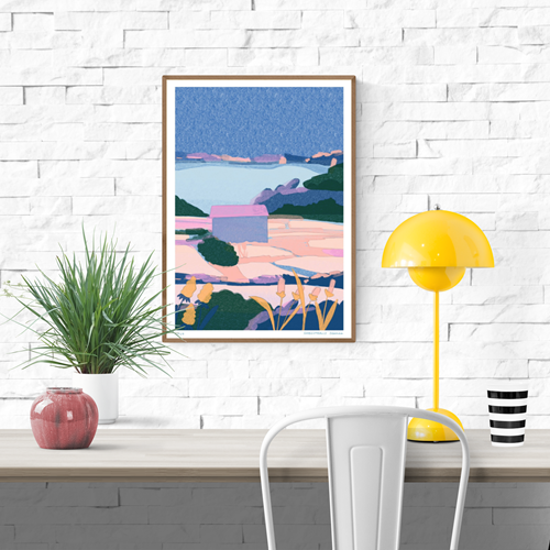 Dreamy risograph illustration of French salt marshes in soft pinks and blues with a lone house – Marais Salants by Jeanne Saboureault, A3 limited edition art print.