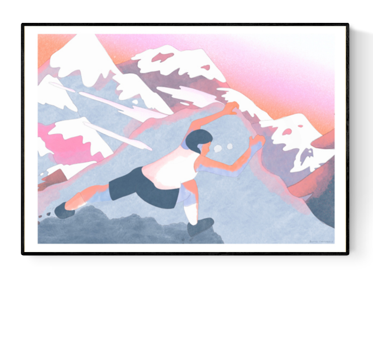 Colorful risograph print titled Via Ferrata by Jeanne Saboureault, depicting a female climber scaling stylized alpine peaks at sunset in soft pastel tones. Printed in France on Munken Print White paper, limited edition of 100, hand-signed and numbered.