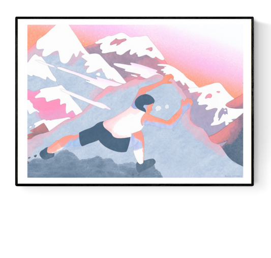 Colorful risograph print titled Via Ferrata by Jeanne Saboureault, depicting a female climber scaling stylized alpine peaks at sunset in soft pastel tones. Printed in France on Munken Print White paper, limited edition of 100, hand-signed and numbered.