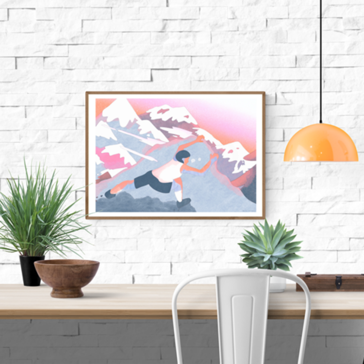Colorful risograph print titled Via Ferrata by Jeanne Saboureault, depicting a female climber scaling stylized alpine peaks at sunset in soft pastel tones. Printed in France on Munken Print White paper, limited edition of 100, hand-signed and numbered.
