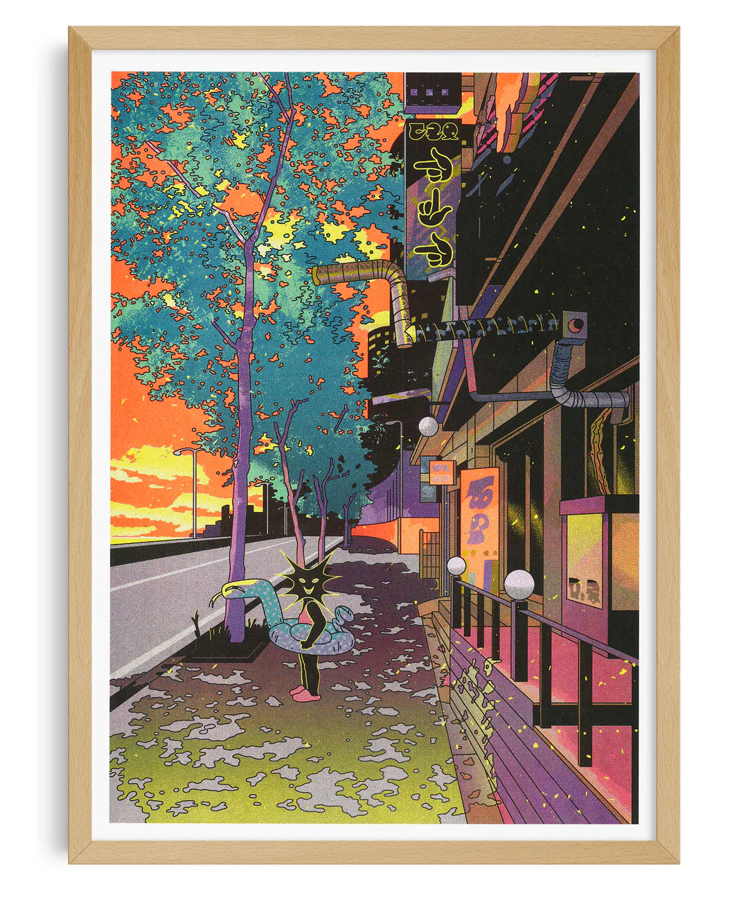 Colorful risograph art print by Korean illustrator Jinhwa Jang depicting a surreal summer cityscape at sunset — glowing orange sky, neon lights, and a playful black figure with a swim ring under blue-green trees. Urban illustration mixing retro hues and dreamy atmosphere — perfect wall art for modern interiors.