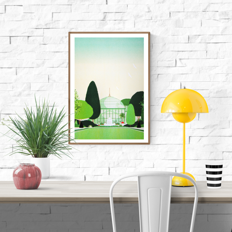 Elegant and minimalist illustration by Julie Guillem titled 'Auteuil,' featuring the iconic glasshouse of Jardin des Serres d’Auteuil in Paris, framed by lush geometric trees and a soft green sky. This serene architectural print captures the peaceful harmony of nature and structure—perfect for lovers of botanical gardens, Parisian landmarks, and refined modern decor