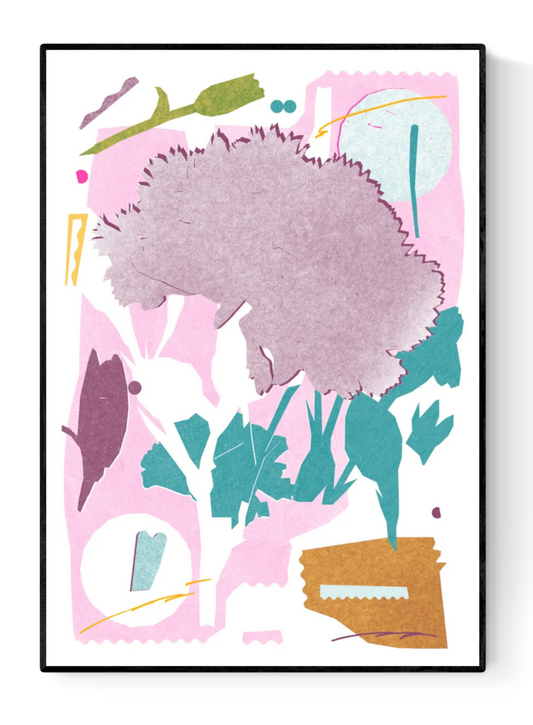Colorful abstract risograph print of a carnation flower with botanical shapes in pink, teal, and mustard – Oeillet by Julie Legrand, signed A3 art print made in France.