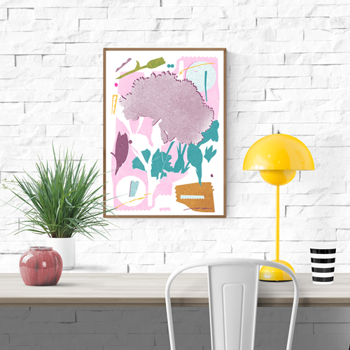 Colorful abstract risograph print of a carnation flower with botanical shapes in pink, teal, and mustard – Oeillet by Julie Legrand, signed A3 art print made in France.