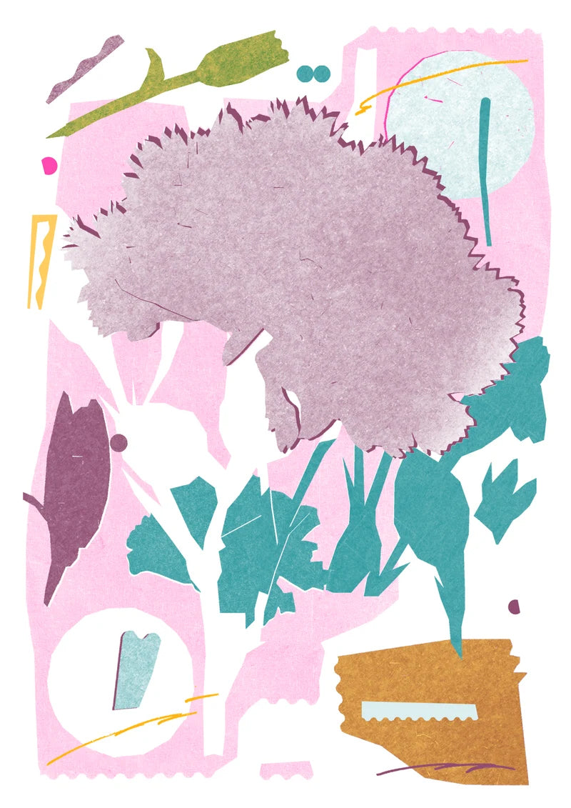 Colorful abstract risograph print of a carnation flower with botanical shapes in pink, teal, and mustard – Oeillet by Julie Legrand, signed A3 art print made in France.