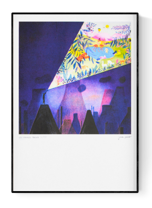Les Paradis Perdus art print by Julie Pernet – A3 limited edition risograph featuring a dark cityscape pierced by a vivid beam of jungle paradise light, with colorful animals and plants; printed on Munken paper, signed and numbered by the artist in France.