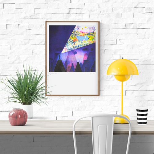 Les Paradis Perdus art print by Julie Pernet – A3 limited edition risograph featuring a dark cityscape pierced by a vivid beam of jungle paradise light, with colorful animals and plants; printed on Munken paper, signed and numbered by the artist in France.