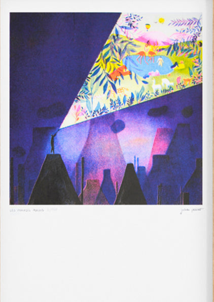 Les Paradis Perdus art print by Julie Pernet – A3 limited edition risograph featuring a dark cityscape pierced by a vivid beam of jungle paradise light, with colorful animals and plants; printed on Munken paper, signed and numbered by the artist in France.