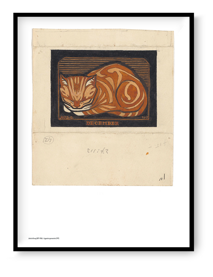 Orange curled cat in a bold early 20th-century woodcut style, with black outlines and a dark background. Vertical digital art print for cosy wall decor and cat-themed interiors.