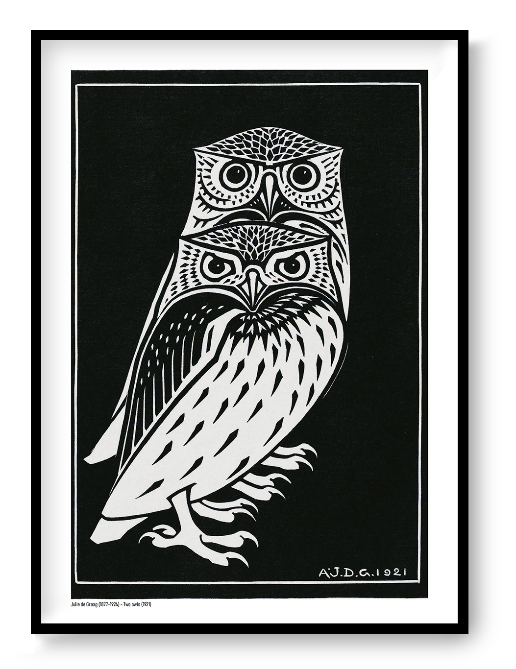 Vertical black-and-white digital art print of two stylised owls by Julie de Graag, based on a 1921 woodcut, with bold graphic lines for study, hallway, or living room wall decor.