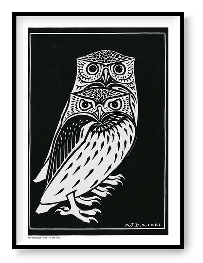 Vertical black-and-white digital art print of two stylised owls by Julie de Graag, based on a 1921 woodcut, with bold graphic lines for study, hallway, or living room wall decor.