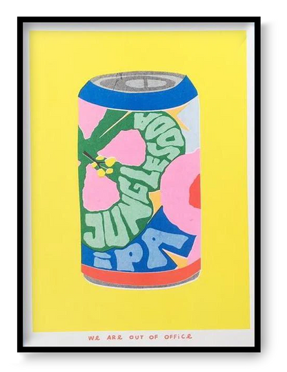 Jungle Soda IPA risograph art print 13x18 cm by We Are Out Of Office, colorful tropical soda can illustration with bold yellow background and pop graphic design.