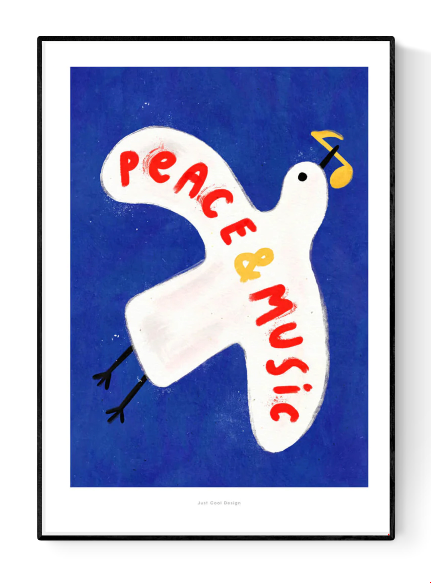 Colorful art print of a white pigeon carrying a yellow musical note on a deep blue background with the hand-painted phrase “Peace & Music” in red and yellow letters. Whimsical and modern illustration by Just Cool Design, perfect wall art for music lovers and optimistic interiors.