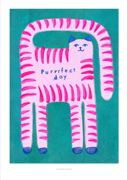 Playful pink striped cat with “Purrrfect day” text on teal background – Purrrfect day by Just Cool Design, A5 giclée print made in Spain.