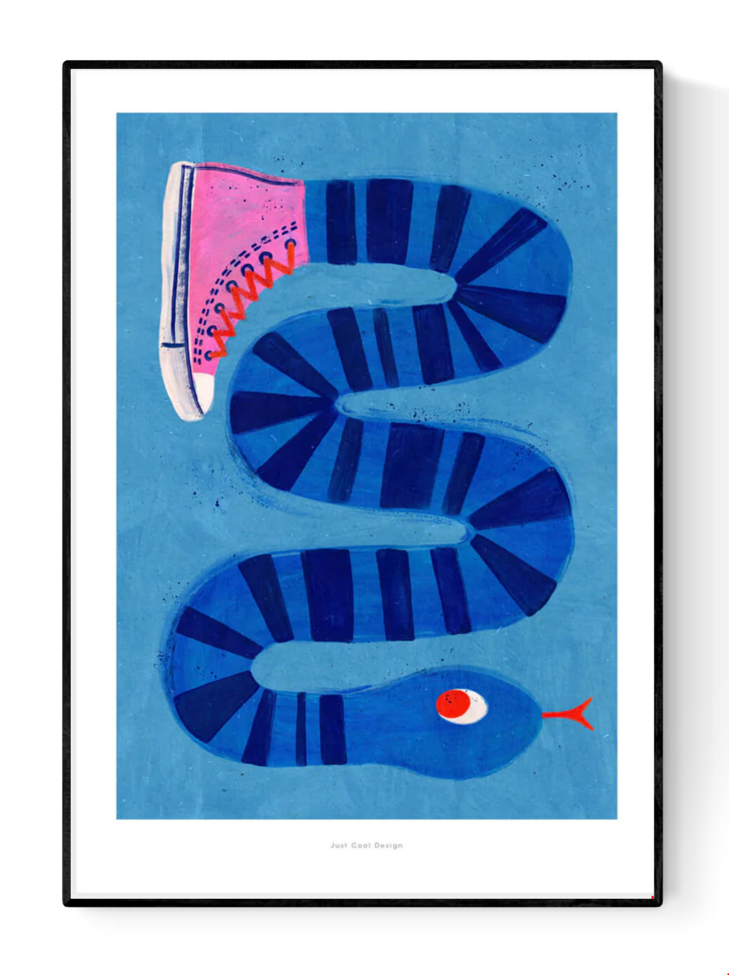 Colorful surreal illustration print by Just Cool Design featuring a long blue striped snake wearing a single pink sneaker, set against a bright blue background. Modern, quirky wall art for playful interiors and design lovers.