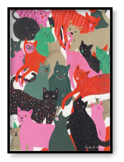 Katten art print by Louise de Meester, colorful cat illustration 17.5x24 cm featuring playful pink, green and black cats in a bold contemporary style.
