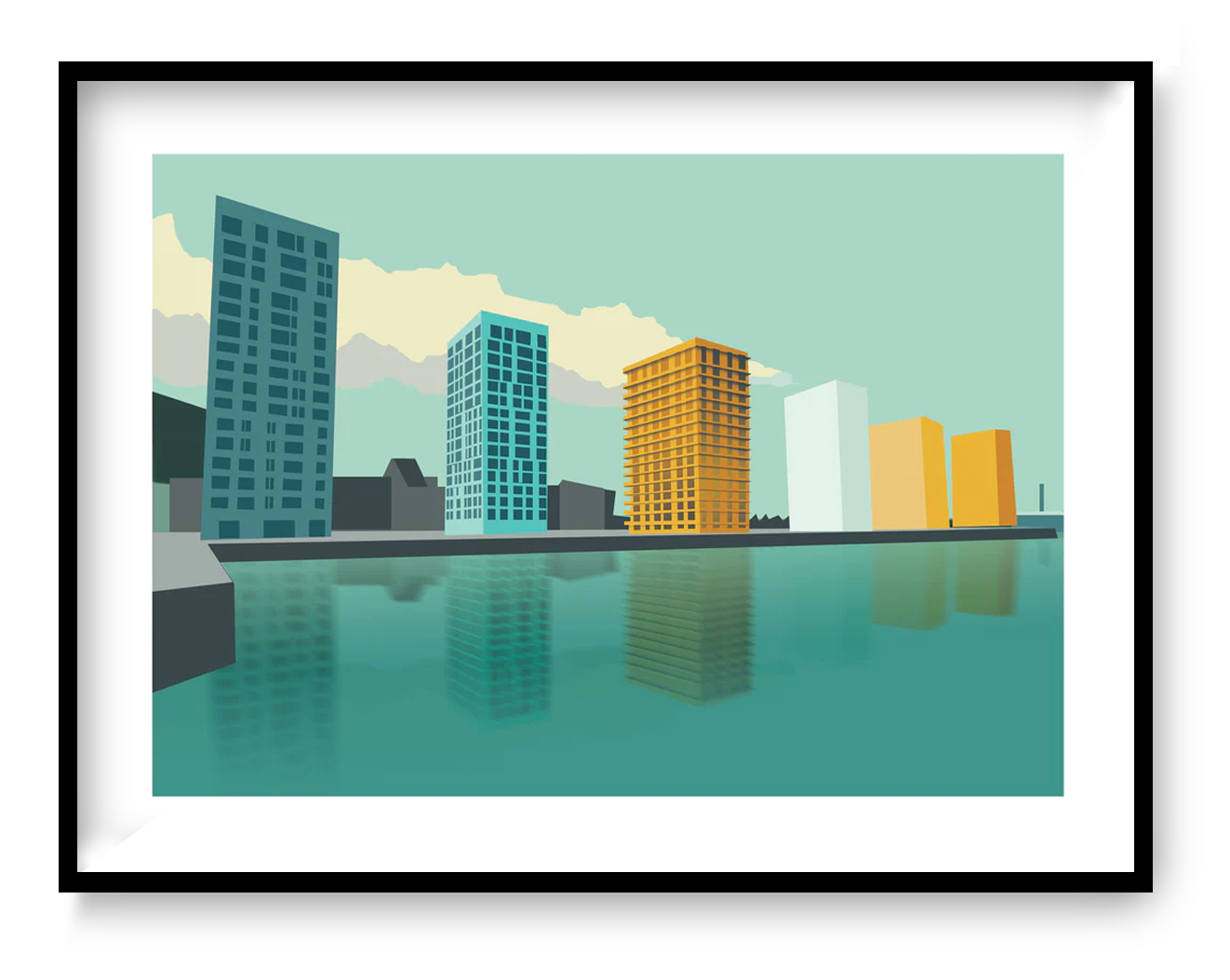 Kattendijkdok Antwerp art print by Studio Frits, modern Antwerp skyline illustration 30x40 cm with geometric buildings and water reflections in soft green and yellow tones.