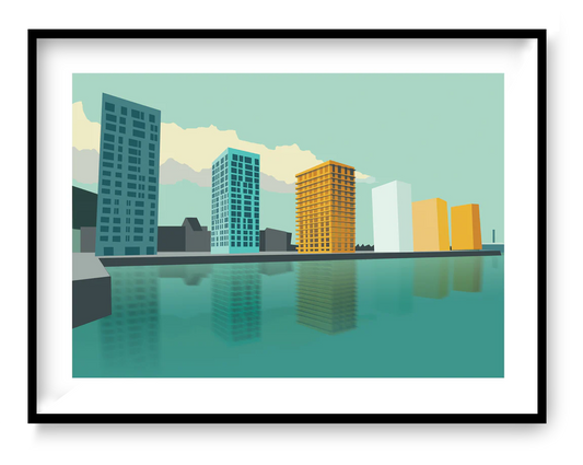 Kattendijkdok Antwerp art print by Studio Frits, modern Antwerp skyline illustration 30x40 cm with geometric buildings and water reflections in soft green and yellow tones.
