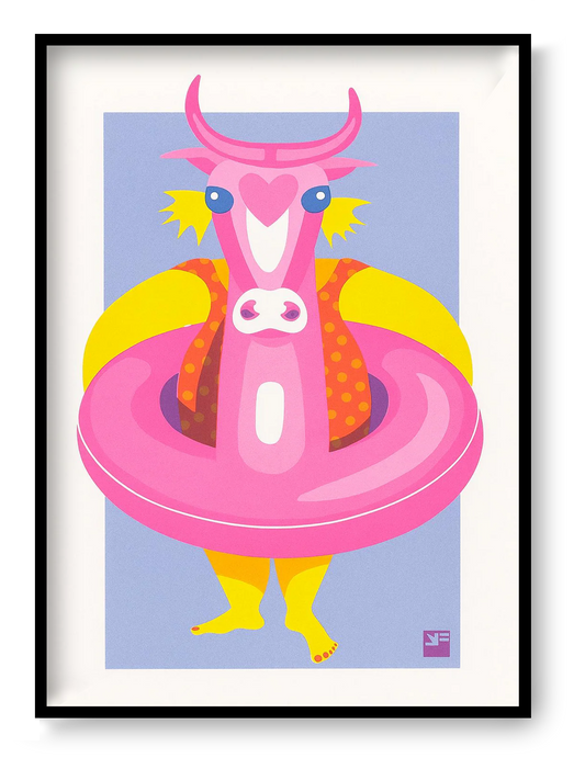 Kid with Floating Cow at the Beach risograph print by VrijFormaat, A4 fluorescent pink and yellow summer illustration on eco paper.