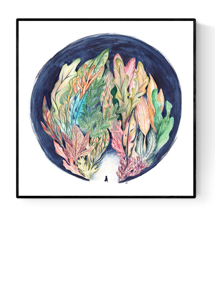 Bos illustration by Kim Timmermans – whimsical forest-inspired art print featuring a small figure entering a lush, colorful foliage tunnel, dreamlike watercolor drawing perfect for nature lovers and tranquil interior decor, available at Galerie Frits