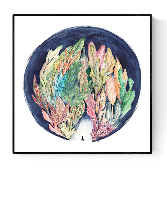 Bos illustration by Kim Timmermans – whimsical forest-inspired art print featuring a small figure entering a lush, colorful foliage tunnel, dreamlike watercolor drawing perfect for nature lovers and tranquil interior decor, available at Galerie Frits