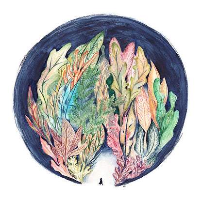 Bos illustration by Kim Timmermans – whimsical forest-inspired art print featuring a small figure entering a lush, colorful foliage tunnel, dreamlike watercolor drawing perfect for nature lovers and tranquil interior decor, available at Galerie Frits
