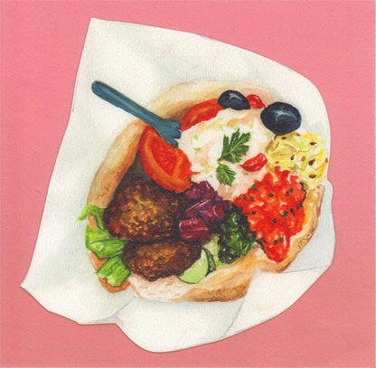 Art print “Falafel” by Kim Timmermans, watercolor and pencil illustration of a falafel wrap, intimate food illustration for contemporary interiors.