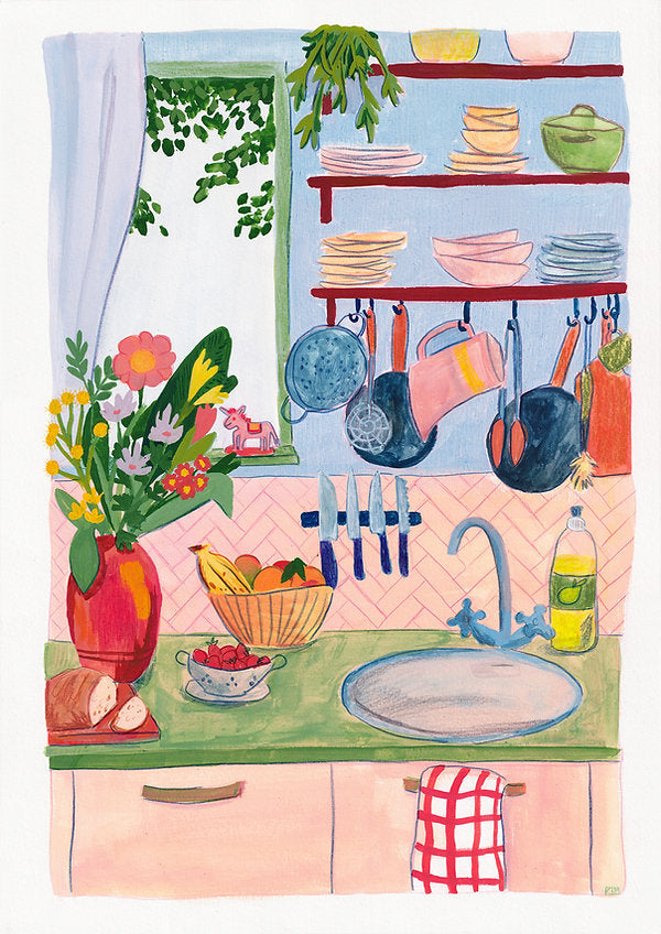 Colorful illustration of a cozy kitchen interior with plants, dishes, hanging utensils, flowers, and soft pastel tones, creating a warm and homely atmosphere.