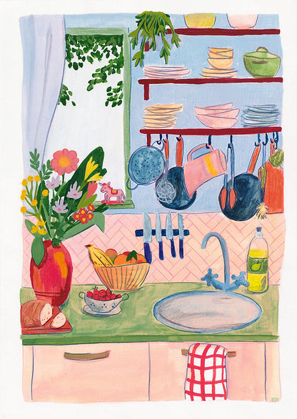 Colorful illustration of a cozy kitchen interior with plants, dishes, hanging utensils, flowers, and soft pastel tones, creating a warm and homely atmosphere.