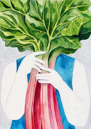 Surreal watercolor illustration of a person holding vibrant rhubarb leaves in front of their face, printed as a vertical giclée art print in rich green, pink, and blue tones, ideal for kitchen wall art and contemporary home décor.
